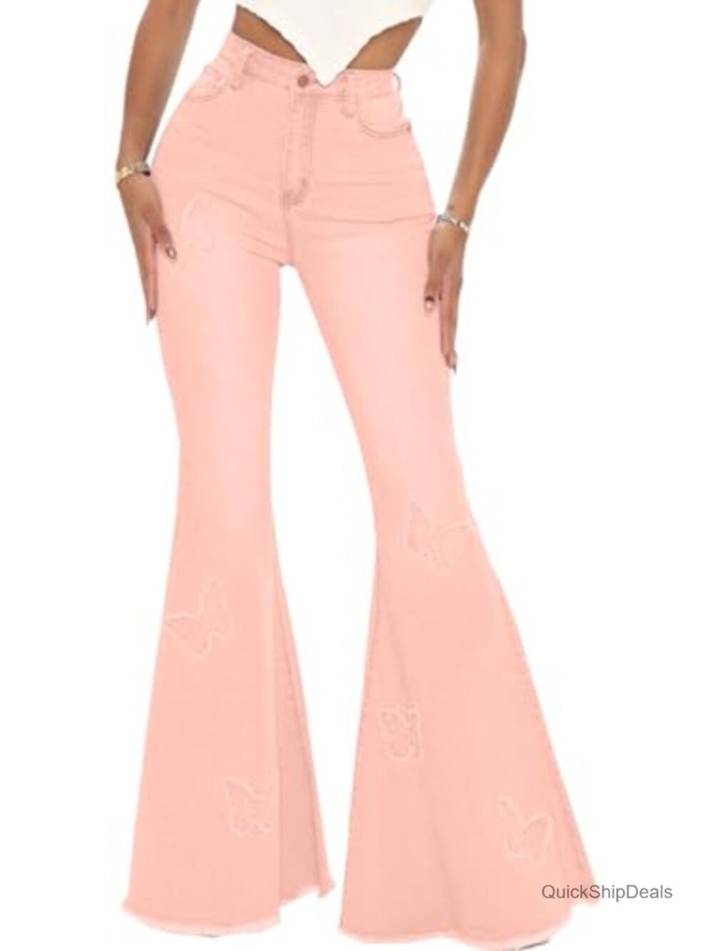 Bell Bottom Jeans High Waisted Flared Raw Hem Stretch Denim Pants